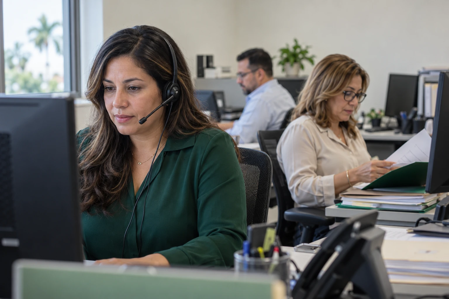 AI-generated illustrative photograph of administrative professionals handling calls and paperwork in a healthcare office.